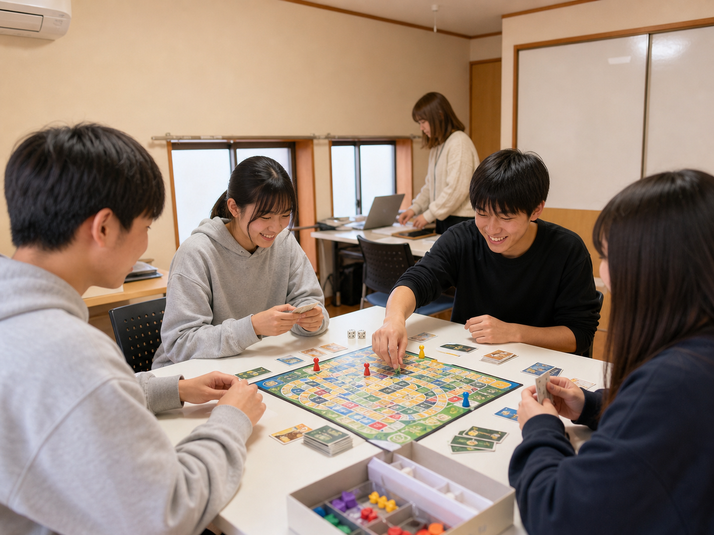 テーブルを囲んでボードゲームを楽しむ中高生の様子