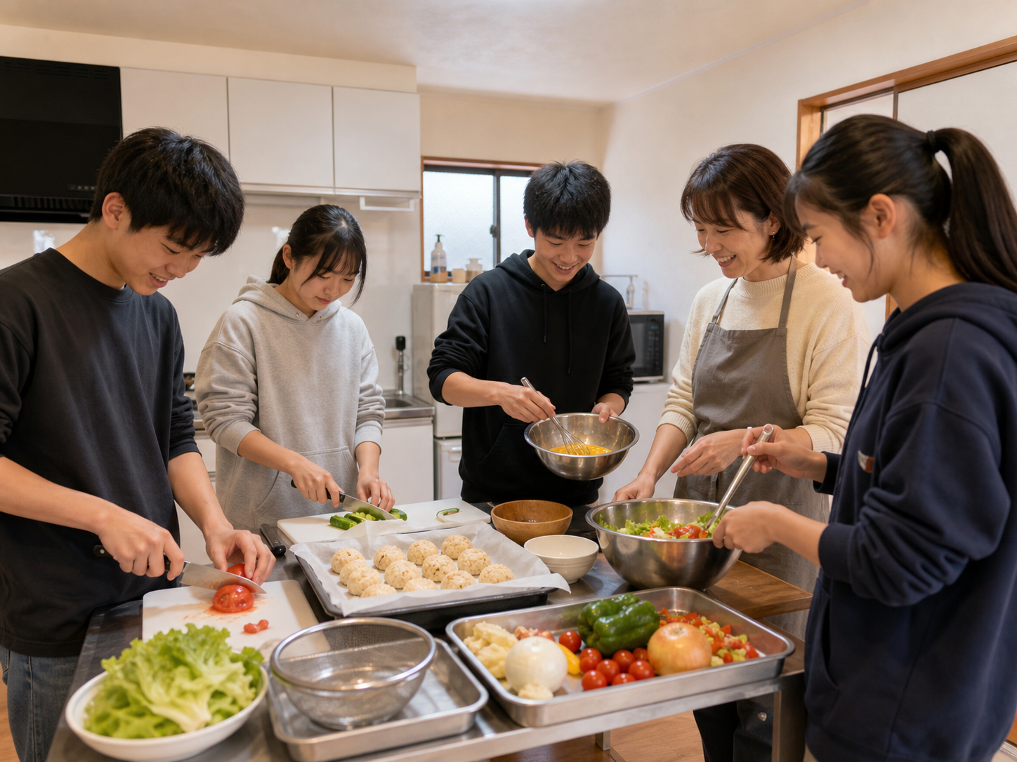 キッチンで料理をする中高生の様子