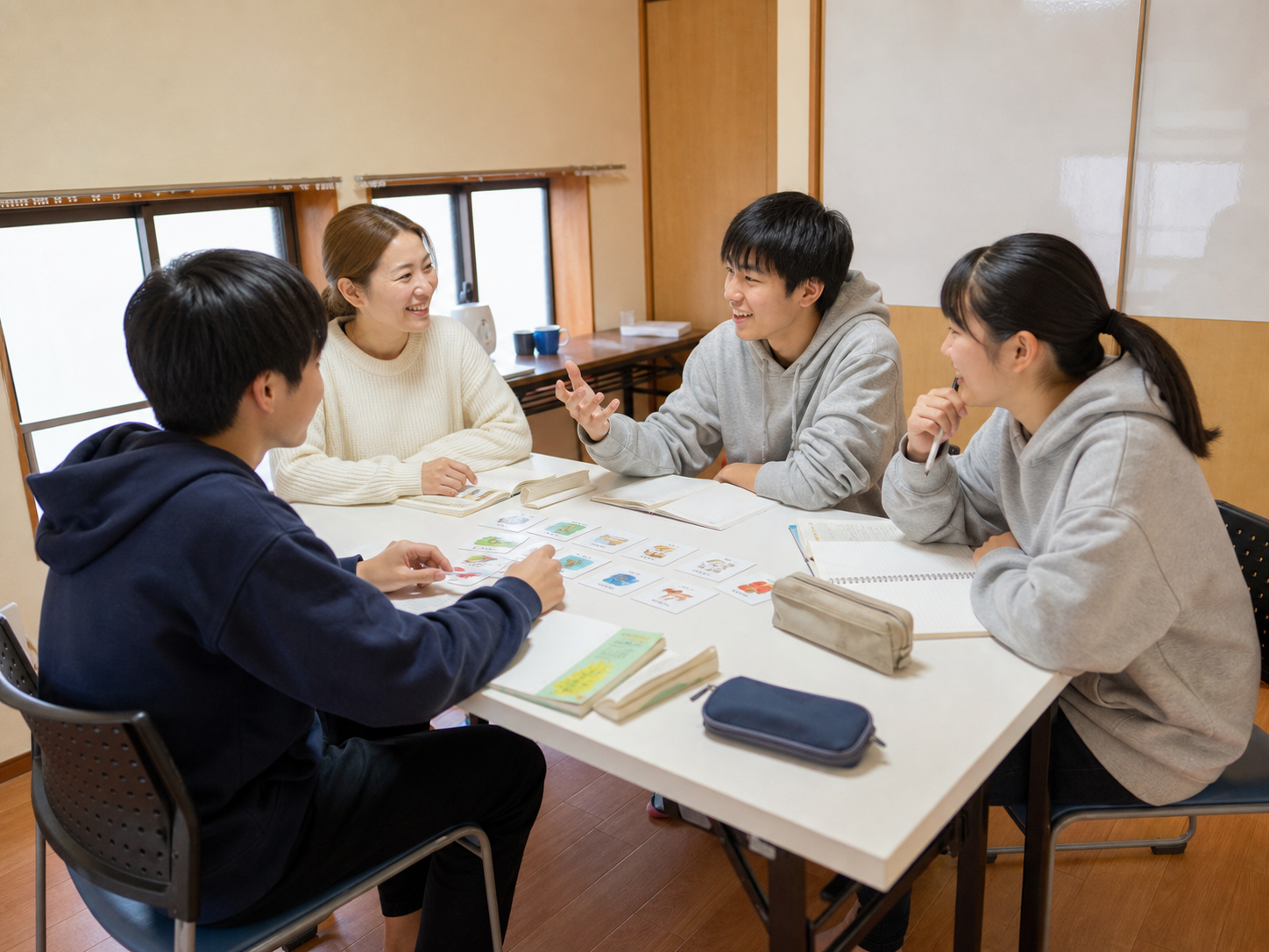 小さな教室で英会話を楽しむ中高生の様子